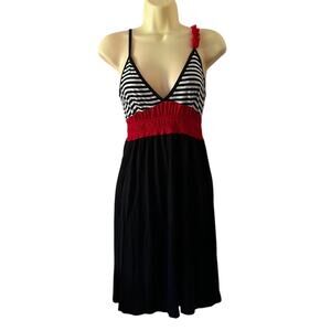 Fashion Spy  Black, White & Red Knit Dress Woman XS Spaghetti Straps Smocking